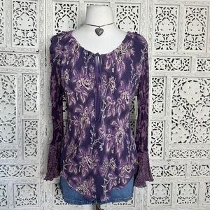 Y2k Purple Floral Lightweight Bell Sleeve Tie Front Long Sleeve Blouse Sz‎ Large